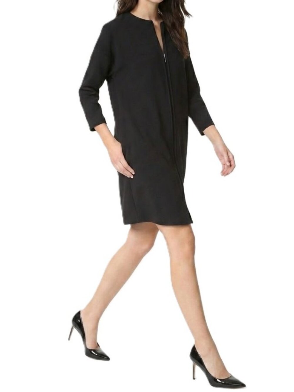 Vince Black Sheath Dress 3/4 Length Sleeve Zip Neck Minimalist Work Dress EUC